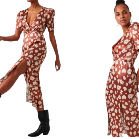 French Connection Aimee Abstract Print Midi Dress Brown Patina Cream sz 6 - Picture 2 of 12